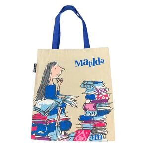 Out of Print Matilda Canvas Tote Bag Book Print Made USA Blue Handles Reading
